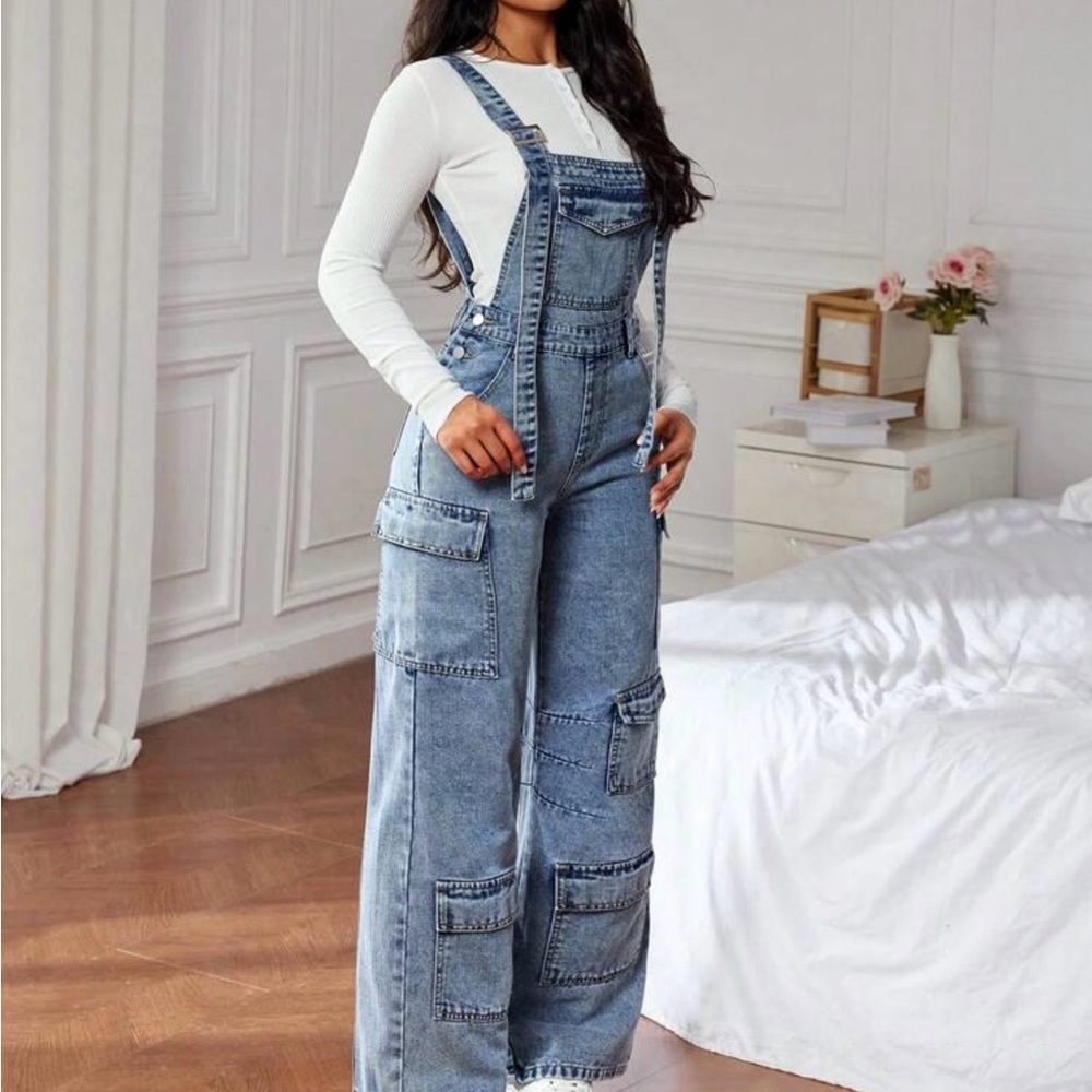 SHEIN Light Blue Wide-Leg Denim Cargo Overalls